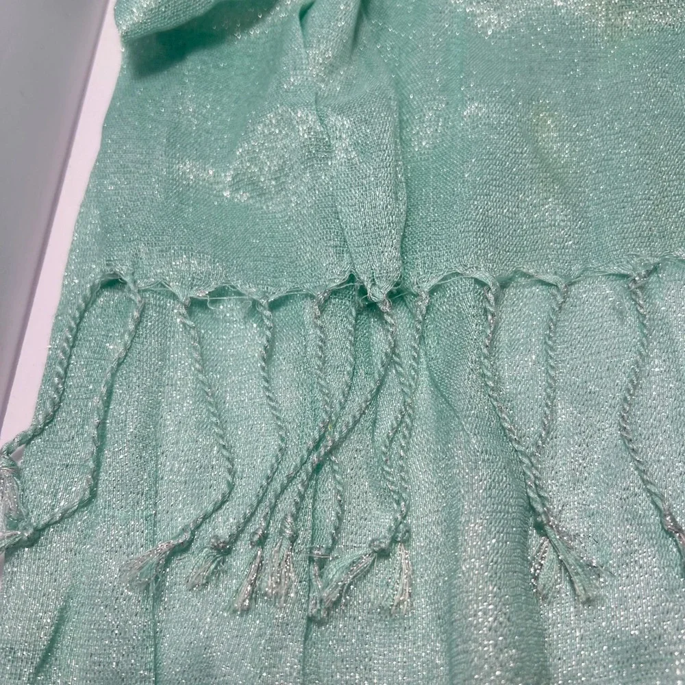 Mint Green Shimmer Wrap Scarf Women Fringed Metallic Evening Shawl 26